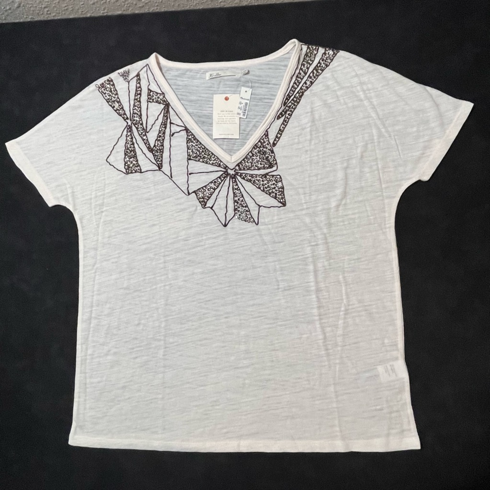 Madewell Hi Line Top Womens M White Short Sleeve Embellished Wool Blend New